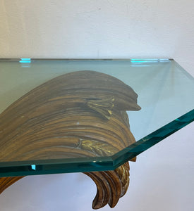 Consolă vintage din lemn sculptat cu blat din cristal, cca. anii ‘60