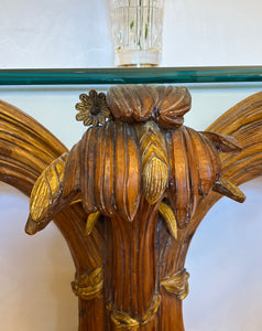 Consolă vintage din lemn sculptat cu blat din cristal, cca. anii ‘60
